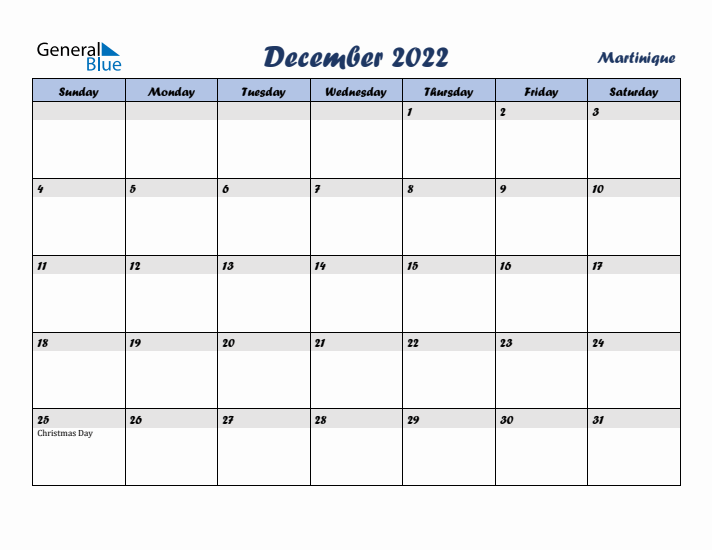 December 2022 Calendar with Holidays in Martinique