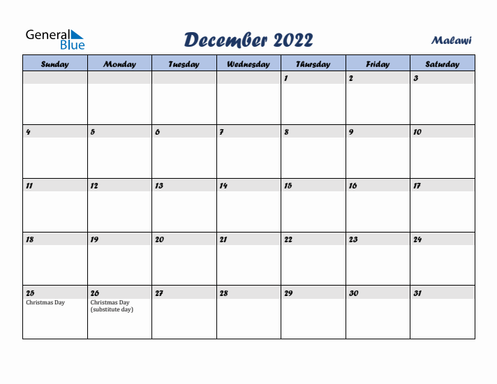 December 2022 Calendar with Holidays in Malawi