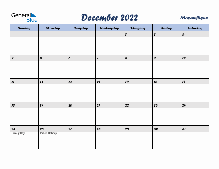 December 2022 Calendar with Holidays in Mozambique