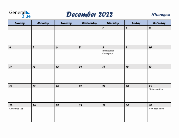December 2022 Calendar with Holidays in Nicaragua