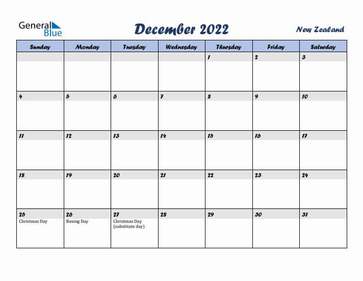 December 2022 Calendar with Holidays in New Zealand