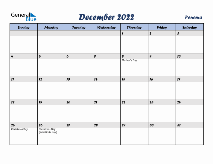 December 2022 Calendar with Holidays in Panama