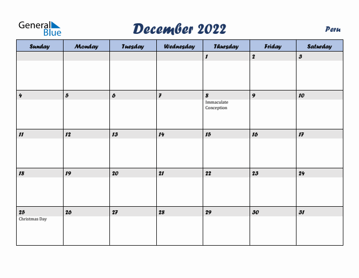 December 2022 Calendar with Holidays in Peru