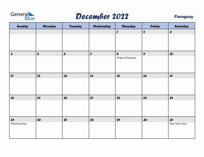 December 2022 Calendar with Holidays in Paraguay