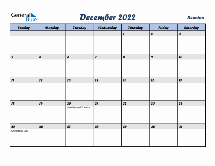 December 2022 Calendar with Holidays in Reunion