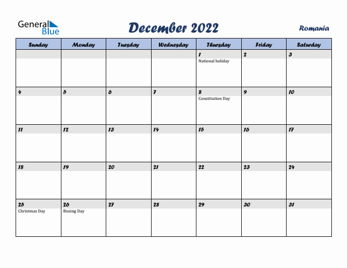 December 2022 Calendar with Holidays in Romania