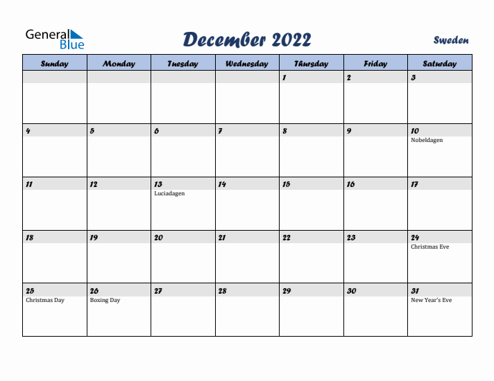 December 2022 Calendar with Holidays in Sweden