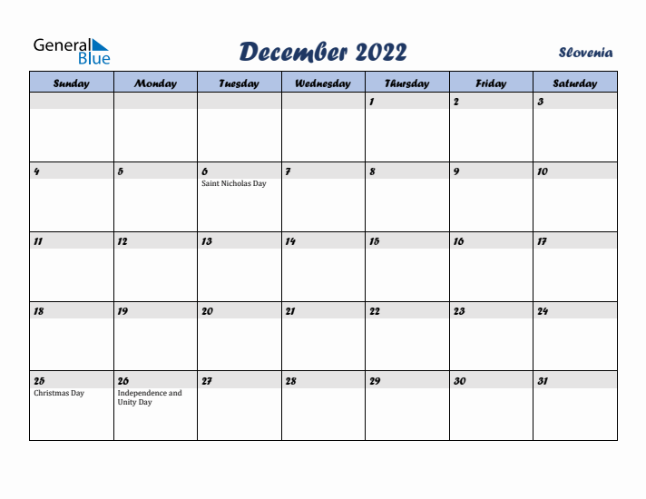 December 2022 Calendar with Holidays in Slovenia