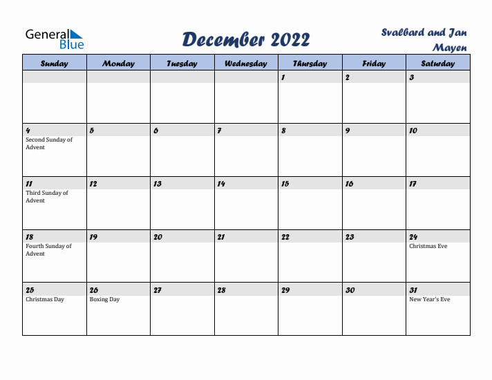 December 2022 Calendar with Holidays in Svalbard and Jan Mayen