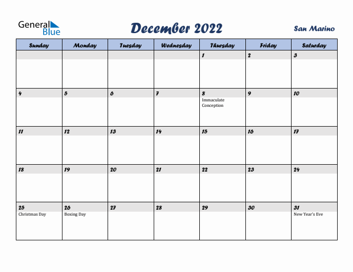 December 2022 Calendar with Holidays in San Marino