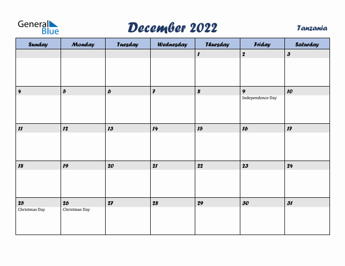December 2022 Calendar with Holidays in Tanzania
