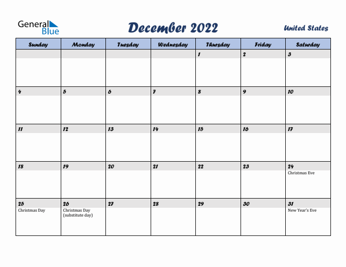 December 2022 Calendar with Holidays in United States