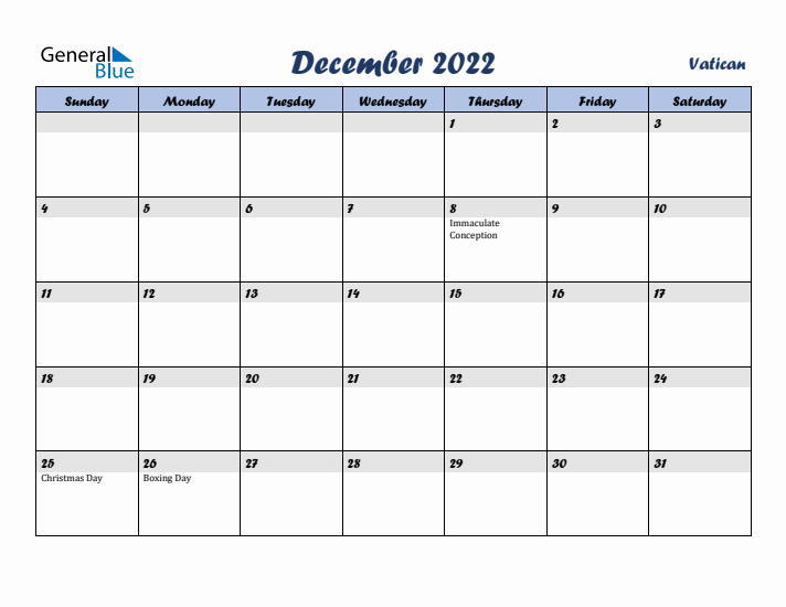 December 2022 Calendar with Holidays in Vatican