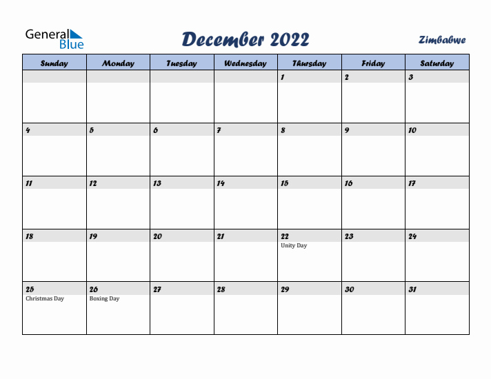December 2022 Calendar with Holidays in Zimbabwe