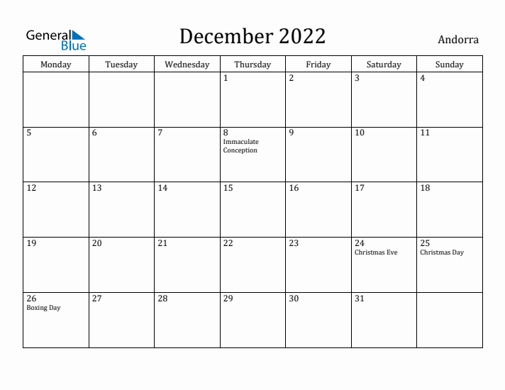 December 2022 Calendar Andorra