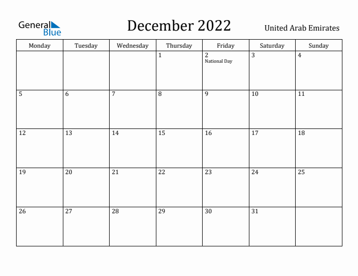 December 2022 Calendar United Arab Emirates