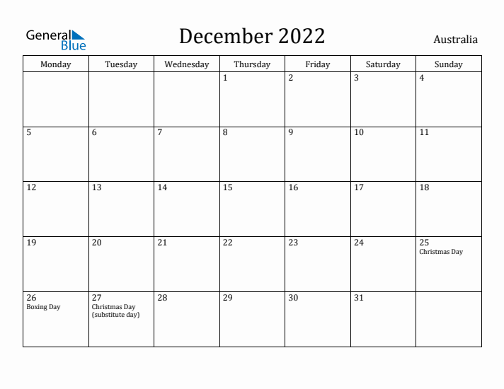 December 2022 Calendar Australia