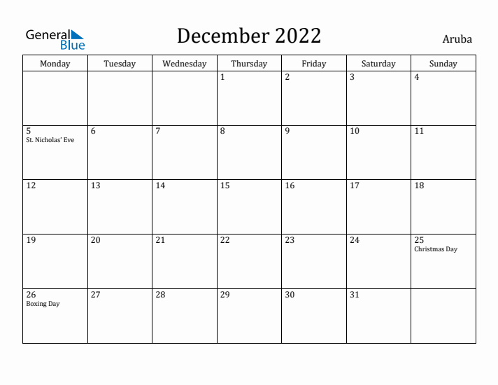 December 2022 Calendar Aruba