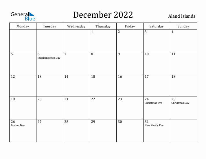 December 2022 Calendar Aland Islands