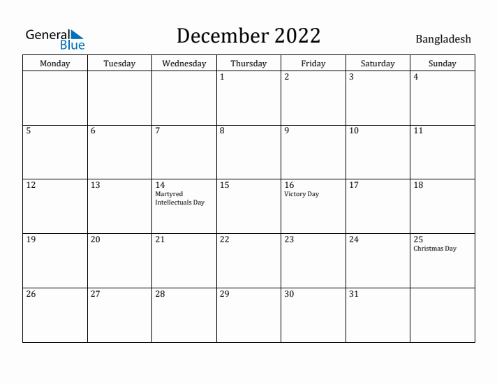 December 2022 Calendar Bangladesh