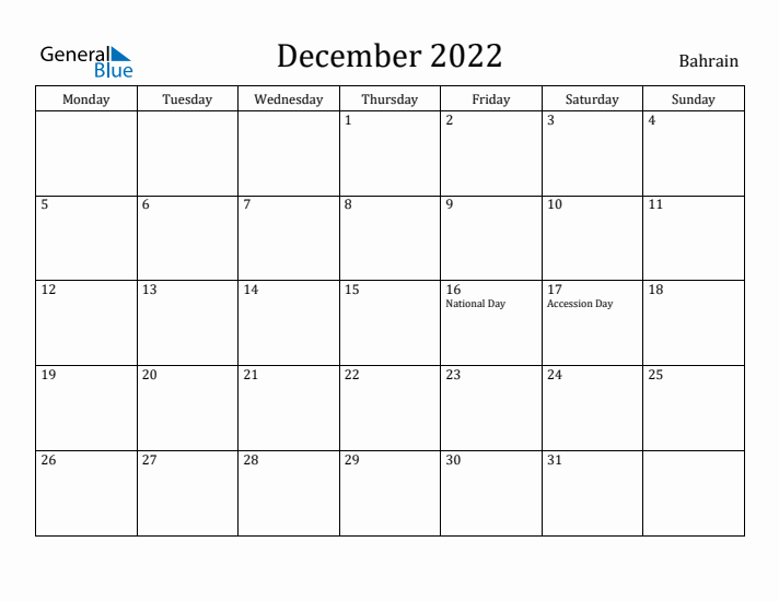 December 2022 Calendar Bahrain