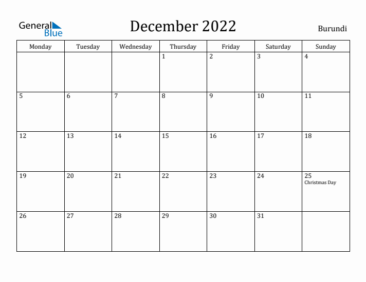 December 2022 Calendar Burundi
