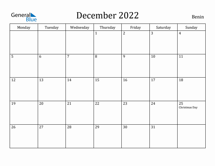 December 2022 Calendar Benin