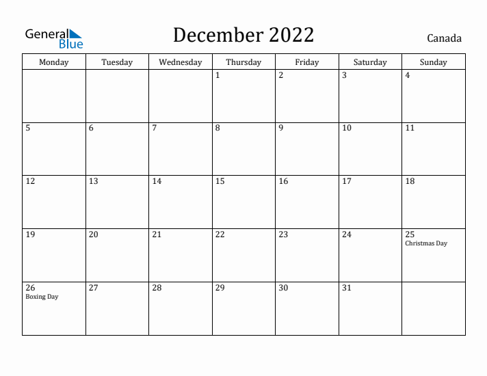 December 2022 Calendar Canada