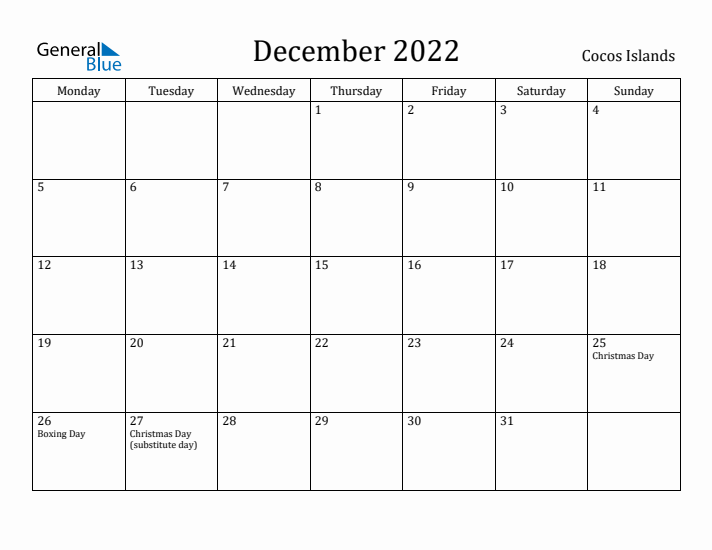 December 2022 Calendar Cocos Islands