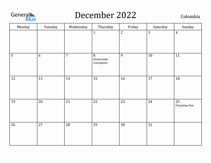 December 2022 Calendar Colombia