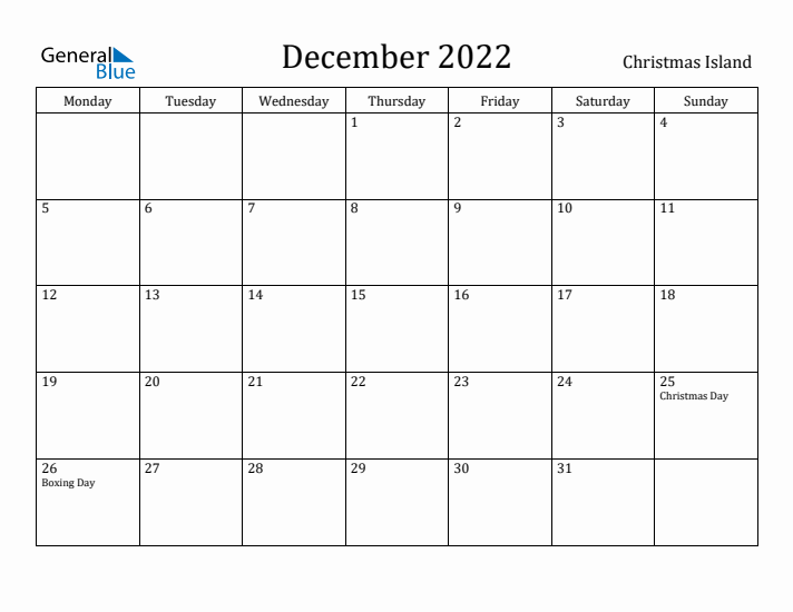 December 2022 Calendar Christmas Island