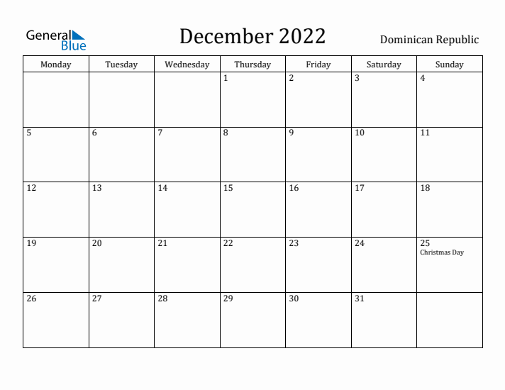 December 2022 Calendar Dominican Republic