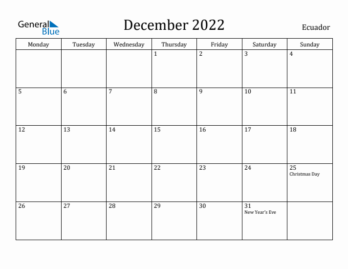 December 2022 Calendar Ecuador