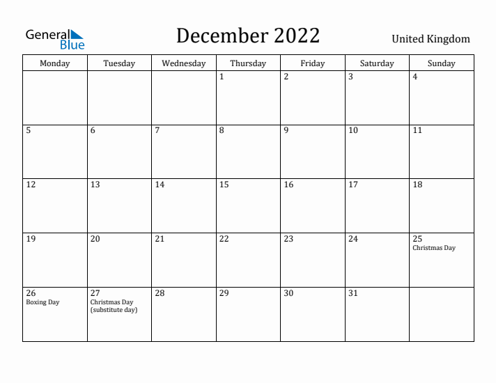 December 2022 Calendar United Kingdom