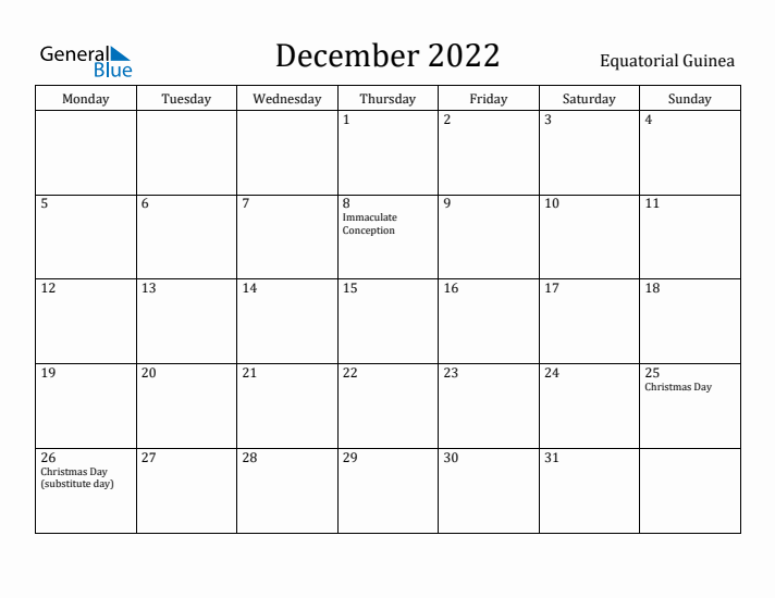 December 2022 Calendar Equatorial Guinea