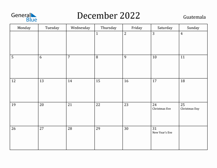 December 2022 Calendar Guatemala