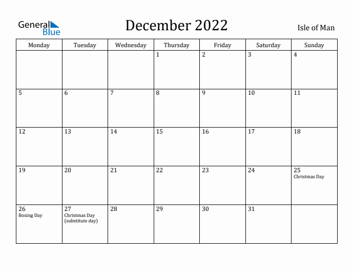 December 2022 Calendar Isle of Man
