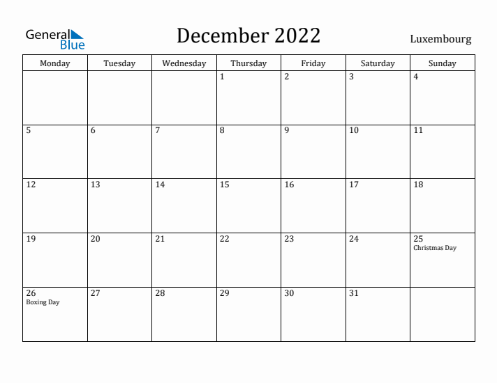 December 2022 Calendar Luxembourg