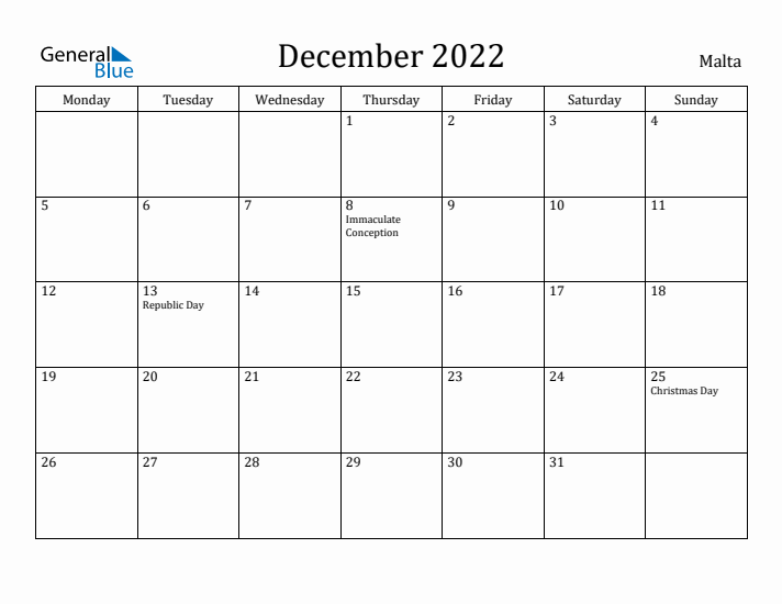 December 2022 Calendar Malta
