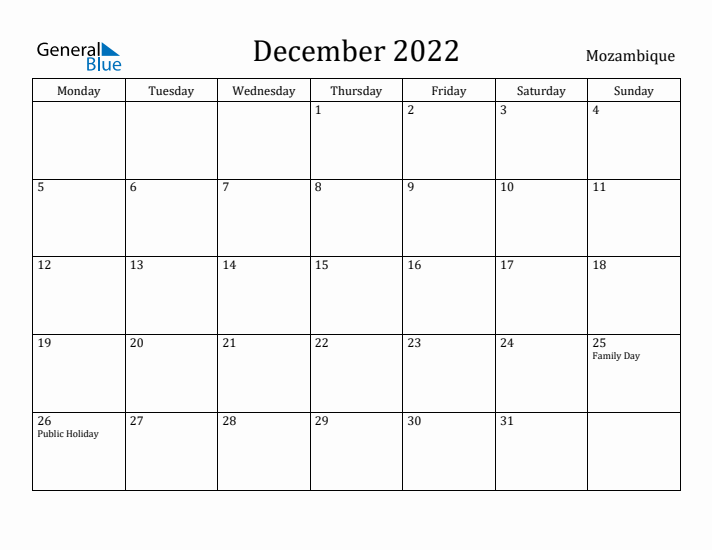 December 2022 Calendar Mozambique