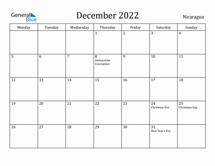 December 2022 Calendar Nicaragua