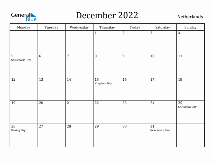 December 2022 Calendar The Netherlands