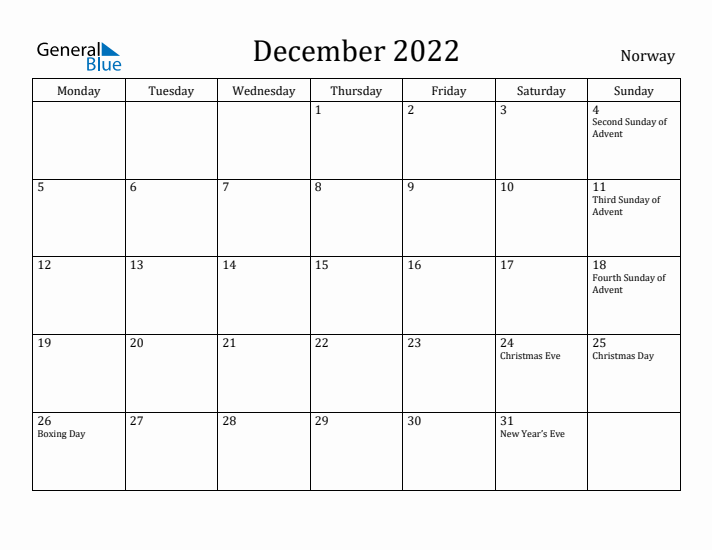 December 2022 Calendar Norway