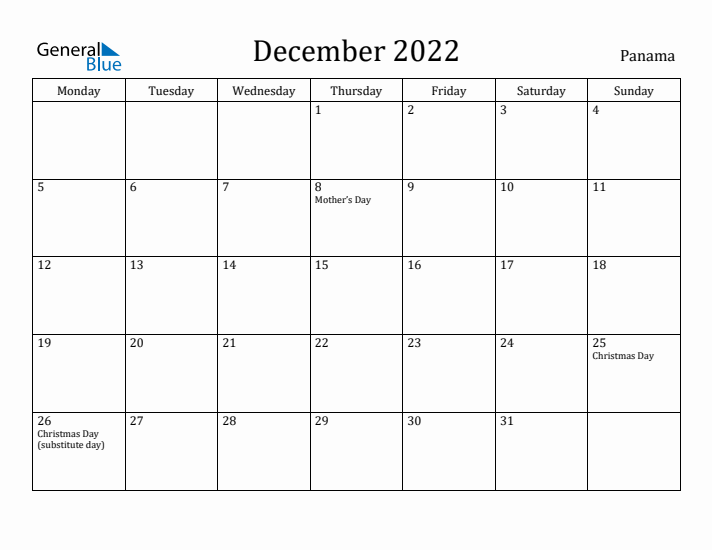 December 2022 Calendar Panama