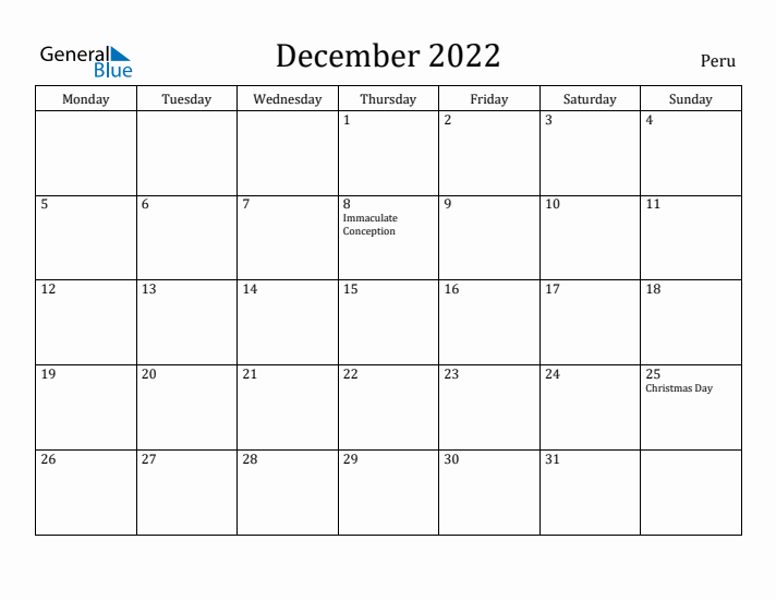 December 2022 Calendar Peru