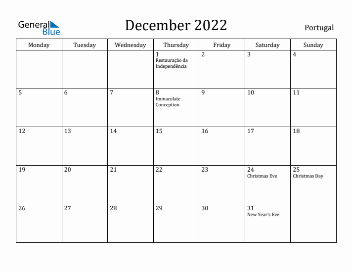 December 2022 Calendar Portugal