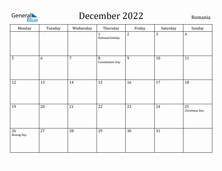 December 2022 Calendar Romania