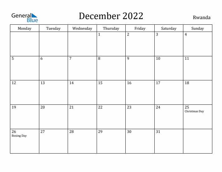 December 2022 Calendar Rwanda