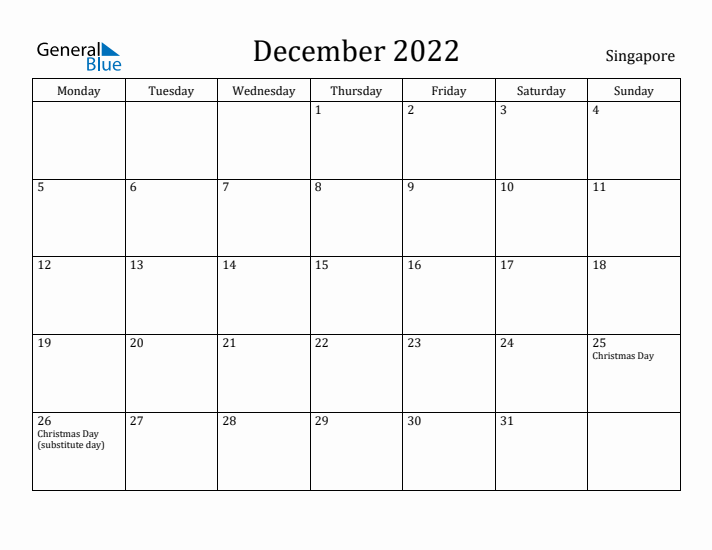 December 2022 Calendar Singapore