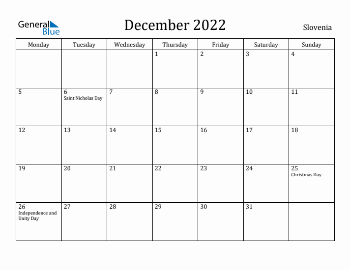 December 2022 Calendar Slovenia